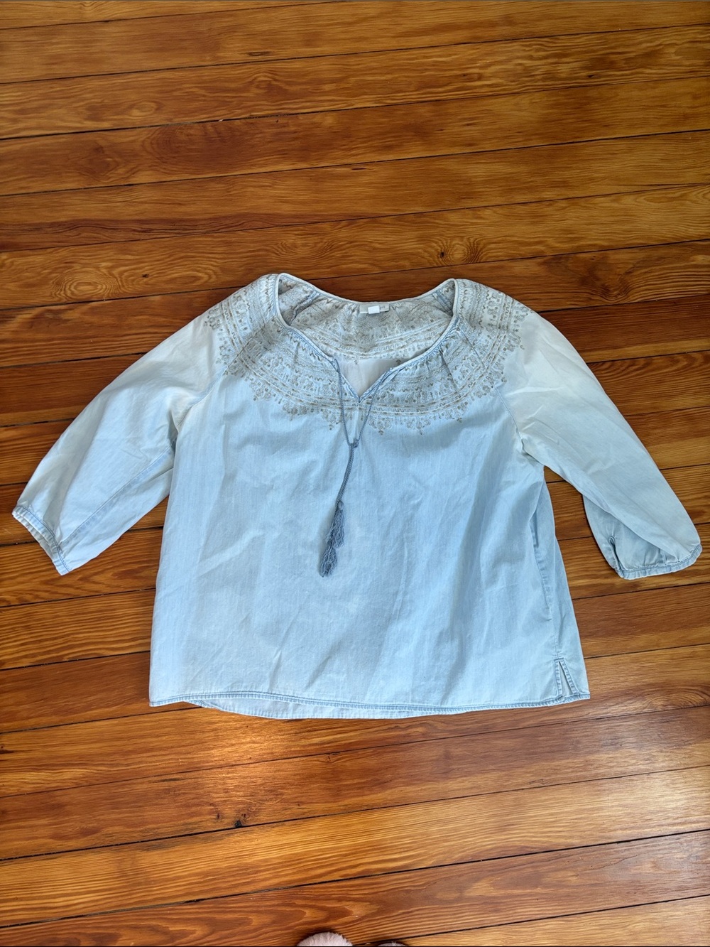 Light Blue Embroidered Peasant Top with Tassel Tie